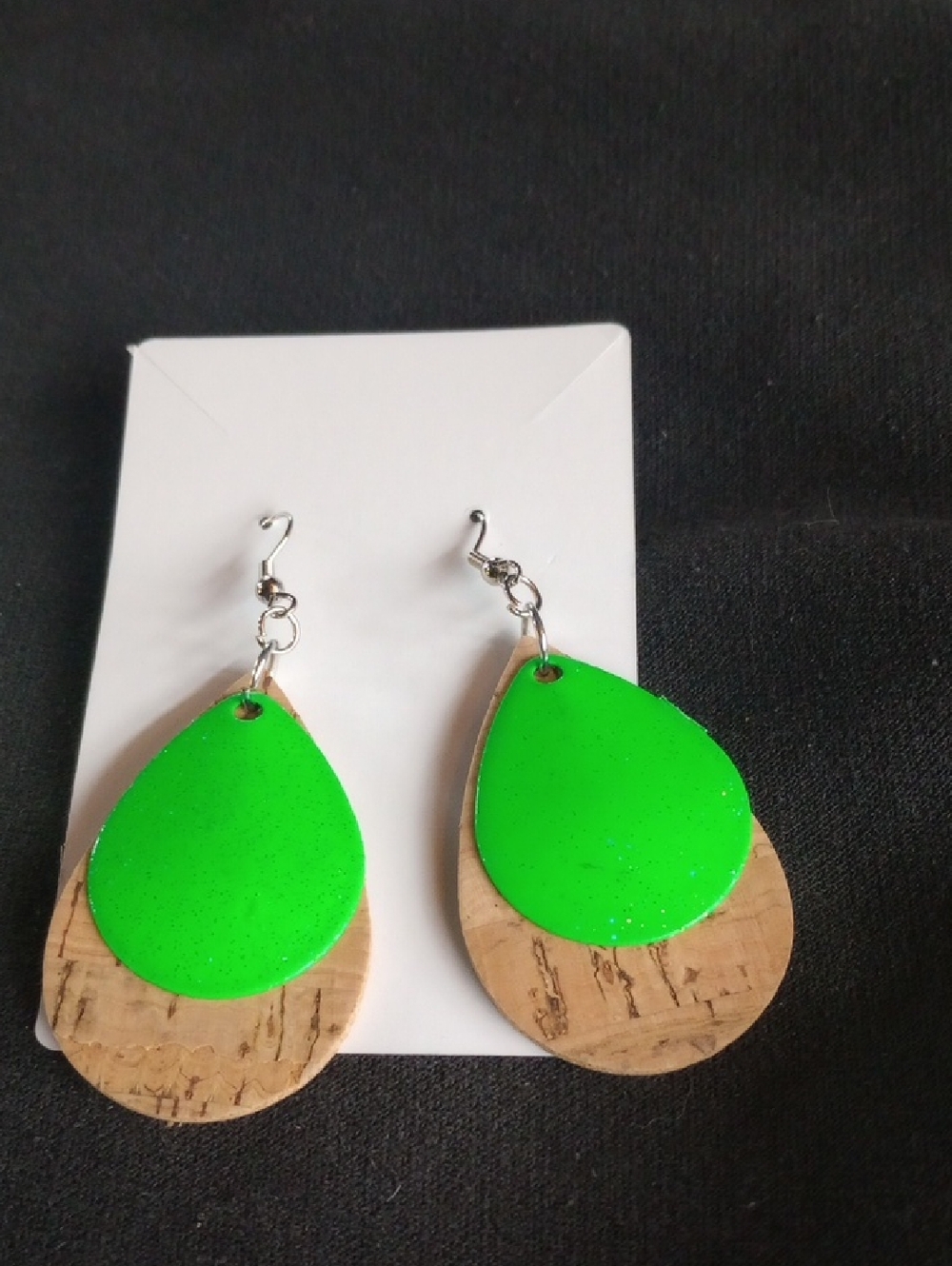 Hand Crafted Neon Green Teardrop Cork Layered Earrings